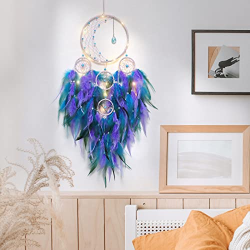 LED Moon Dream Catcher with Lights - Handmade Boho Bedroom Wall Decor