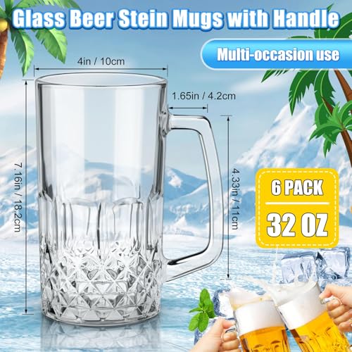 32 oz Glass Beer Mugs with Handles - Set of 6 Heavy Duty Beer Steins