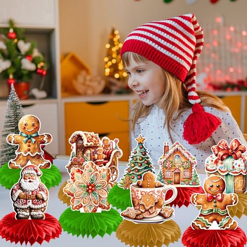 Christmas Gingerbread Honeycomb Centerpieces - 9 Pack Holiday Party Decorations