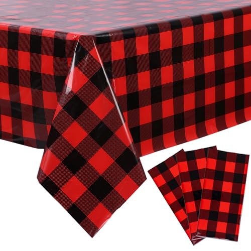 Kesfey Red and Black Gingham Christmas Tablecloths - Pack of 3, 54x108 inches