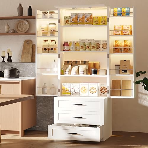 72" Tall Kitchen Pantry Cabinet with LED Lighting, 3 Drawers & Barn Doors