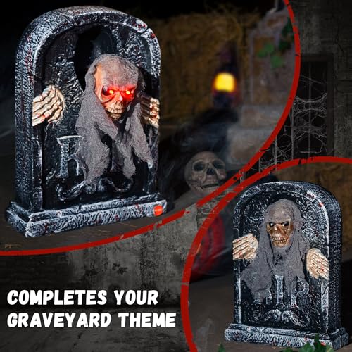 Animatronic Halloween Tombstone with Moving Skeleton, LED Eyes & Sound