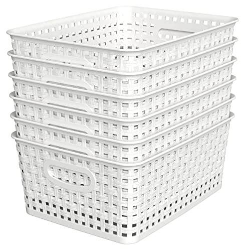 Woven Plastic Storage Baskets 6-Pack White Weave Bins Organizer 10x7.5 Inch