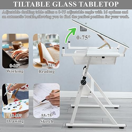 Height Adjustable Drafting Table with Stool, Tilting Glass Art Desk