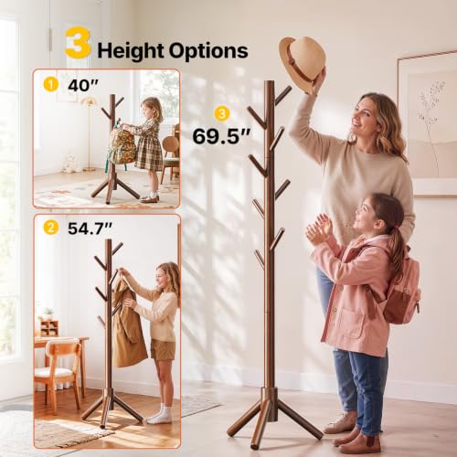 Solid Wood Freestanding Coat Rack with 8 Hooks and Adjustable Height