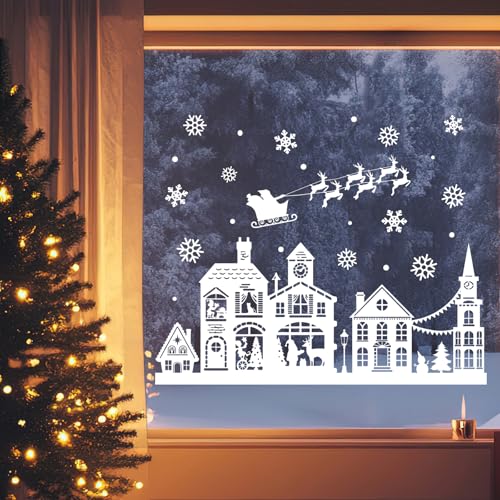 Mfault Christmas White House Window Clings - Santa Claus & Reindeer, 4 Sheets Holiday Decor