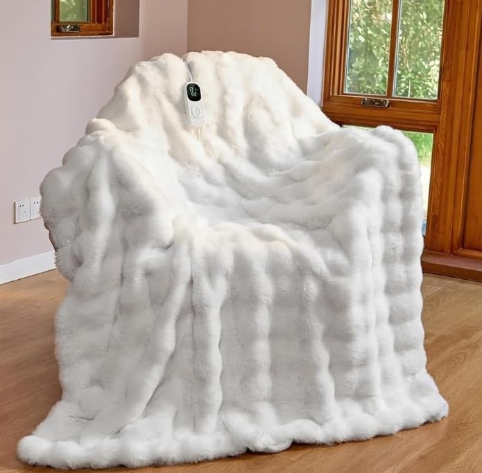Electric Heated Throw Blanket, Faux Rabbit Fur, 1-10H Timer