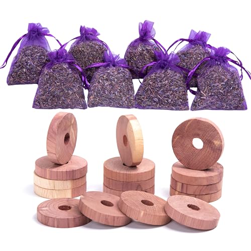 Natural Cedar Wood Rings and Dried Lavender Sachets Set - 24 Piece