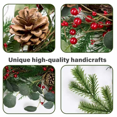 24-Inch Christmas Wreath with Red Berries, Pine Cones, and Eucalyptus Leaves