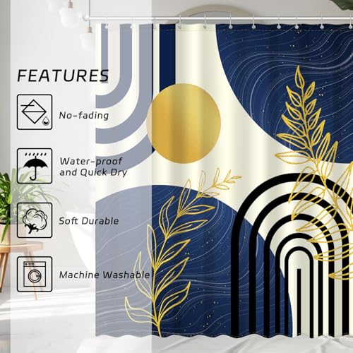 Boho Mid-Century Shower Curtain, Abstract Sun and Leaf Print, 72x72 Inch