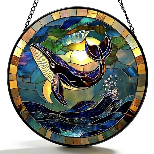 SJUYODOO Blue and Purple Stained Glass Window Hanging, Whale & Sea Waves Sun Catcher, 11.8in