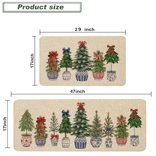 Christmas Kitchen Rugs Set of 2 Pine Trees and Blue Red Porcelain 17x29 & 17x47 Inches