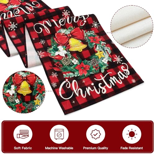 Artscope Buffalo Plaid Red Wreath Christmas Table Runner 13x48 Inch Holiday Decor