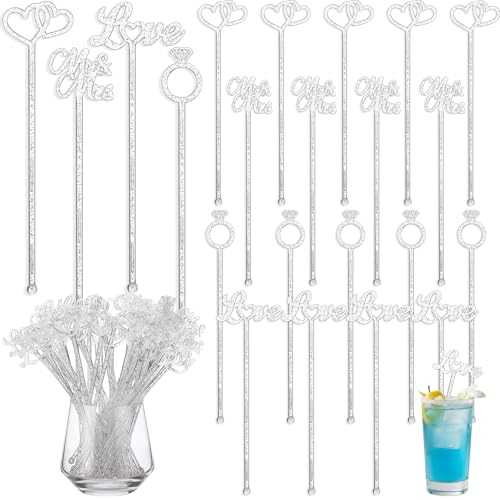 100 Pcs Wedding Drink Stirrers Glitter Silver Cocktail Picks Heart Ring Love US