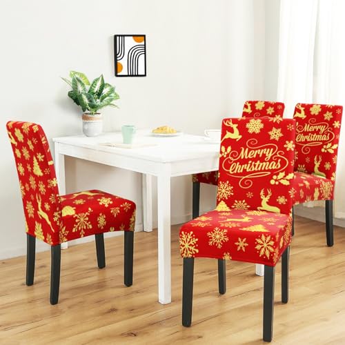 Red Snowflake Xmas Chair Covers Set of 6 - Elastic Removable Washable Dining Slipcovers for Holiday Decor