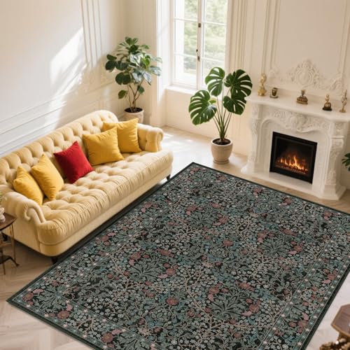 8x10 Washable Area Rug, Stain-Resistant Vintage Floral Carpet for Living Room