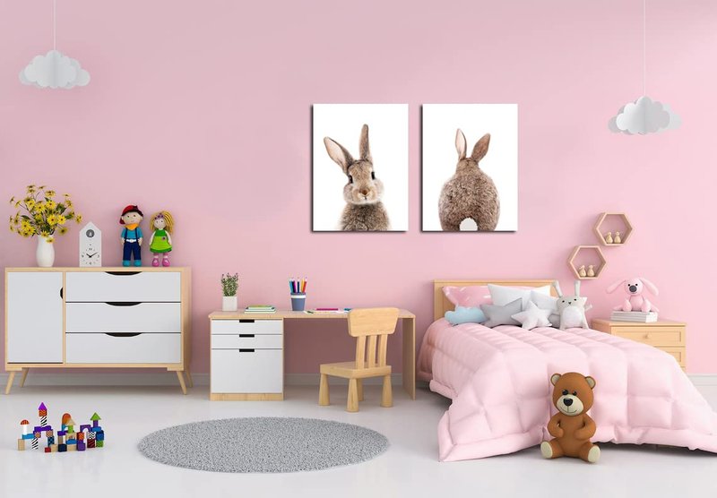 Mokihidream Nursery Wall Art Bunny Rabbit Canvas Print Wall Decor Woodland Animal Posters Kids Room Set of 2 Bedroom Decoration Bunny Rabbit Pictures Framed Wall Art