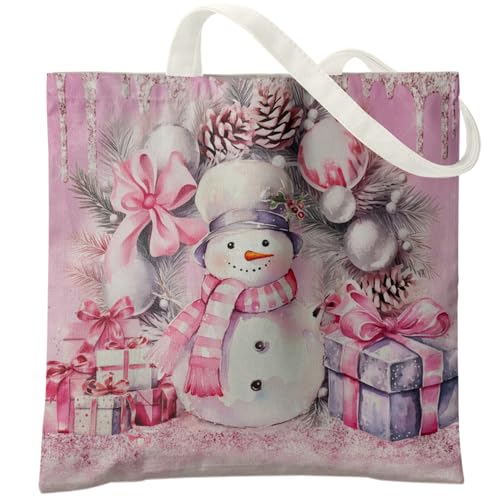 Veqzc Pink Snowman Christmas Canvas Tote Bag for Women