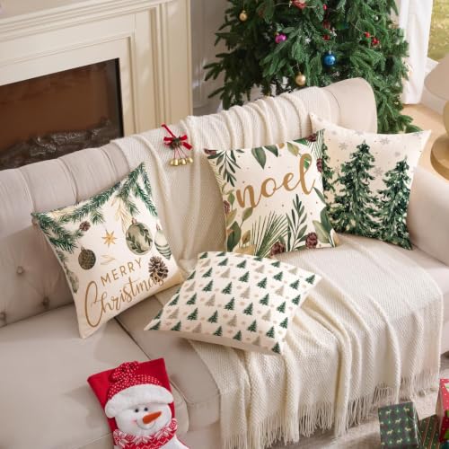 YOSICHY Christmas Pillow Covers 20x20 Set of 4 Green Linen Xmas Decor - Hidden Zipper