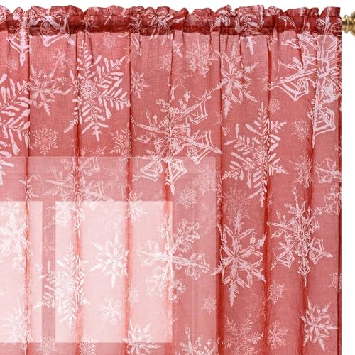 Yinhua Red Snowflake Christmas Sheer Curtains Set 52x84 Inches, 2 Panels