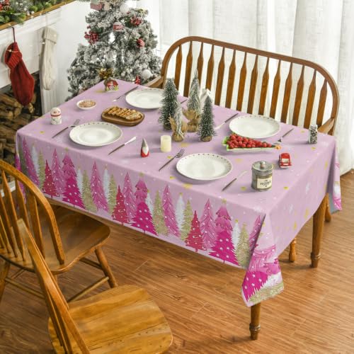 Horaldaily Christmas Tablecloth 60x140 Inch Pink Tree Border Washable Seasonal Table Cover for Holiday & Party Dining