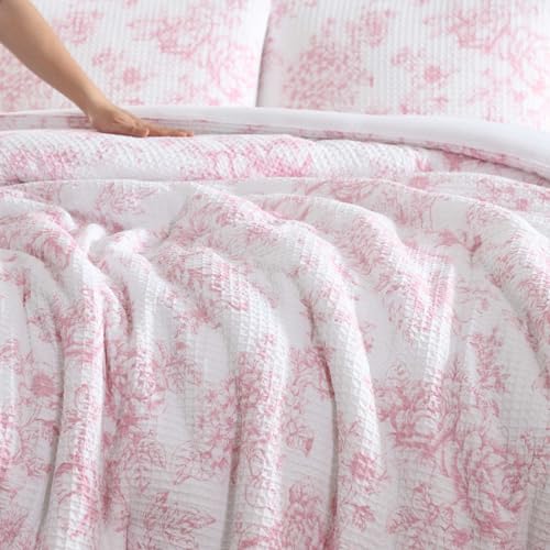 Floral Waffle Textured Comforter Set with Shams - Pastel Pink, Full/Queen