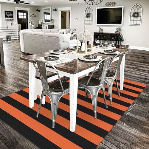 KILOCOCO 4x6 ft Fall Orange & Black Striped Woven Door Rug Halloween Decor