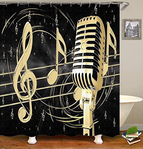 Musical Note Shower Curtain Set with Rugs & Hooks - 4 Piece Bath Decor