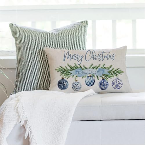 NUTEEN Christmas Pillow Cover 12x20 Blue Baubles & Snowflake Joy - 3 Blue Trees