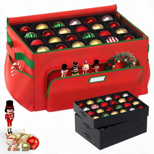 Large Christmas Ornament Storage Box with 72 Compartments, Durable 600D Fabric, Portable with Pockets