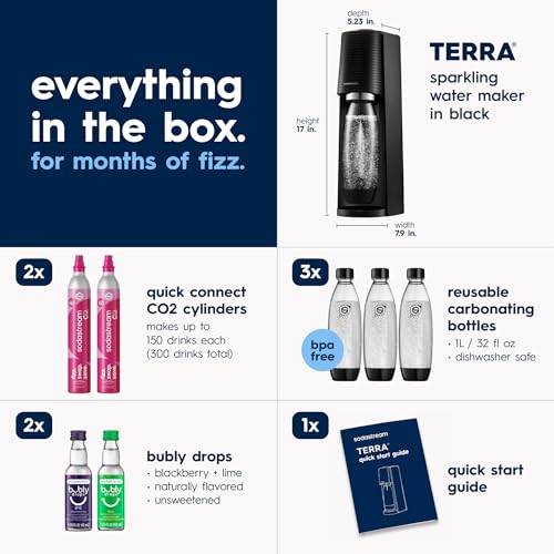 Sparkling Water Maker Bundle with 2 CO2 Cylinders & 3 Bottles - Black