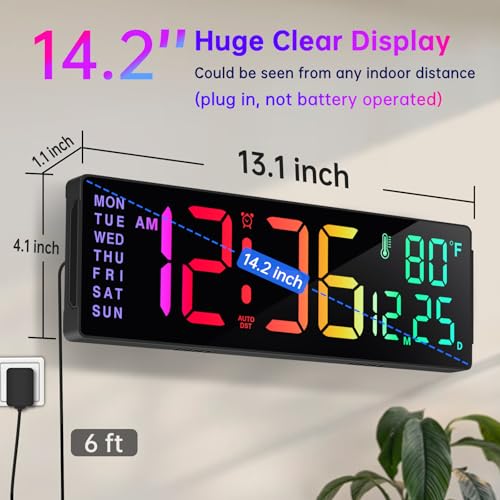 14.2-Inch Large LED Digital Wall Clock with Remote, RGB Color & Timer