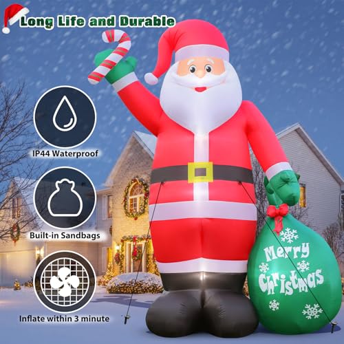 12ft Giant Christmas Inflatable Santa with Candy & Gift Bag - LED Lighted Outdoor Yard Decor