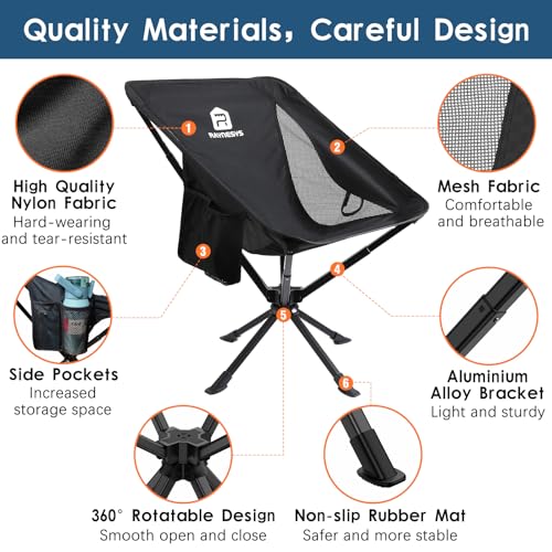 Portable Swivel Camping Chair, Lightweight Folding Chair for Hiking & Travel