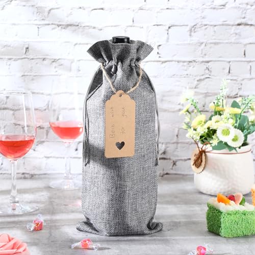 Windyun 100Pcs Burlap Wine Bags with Drawstring, Gray, Gift Sacks for 750ml Bottles