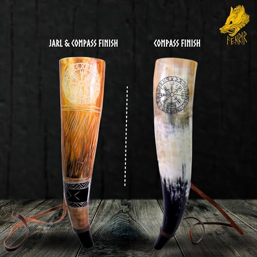 18-Inch Authentic Ox Horn Battle Trumpet with Compass Engraving and Strap