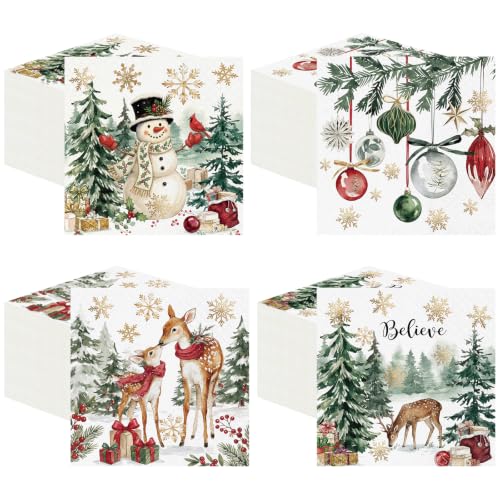 Fulmoon 200 Pcs Christmas Cocktail Paper Napkins Vivid Style 4 Designs