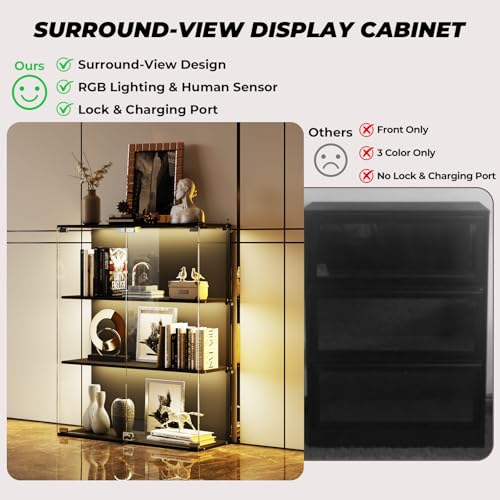 3-Tier Glass Display Cabinet with RGB LED Lights, Lock, and USB Charging