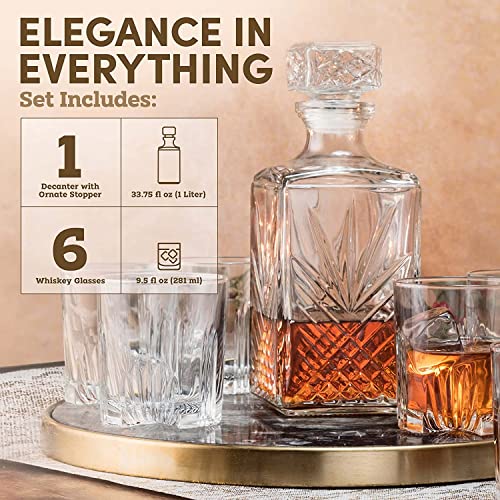 Bormioli Rocco Selecta Decanter, Set of 2 - Starburst Etched Glass with Airtight Diamond Stopper for Whiskey, Brandy & Spirits - 33.75 Oz. Each - Made in Italy, Elegant Barware, Dishwasher Safe