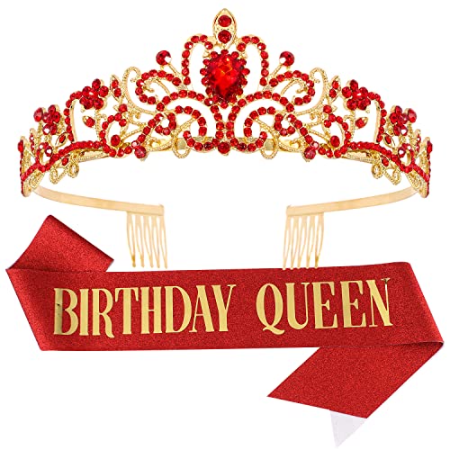 Rhinestone Birthday Tiara Crown with Sash Set for Women and Girls