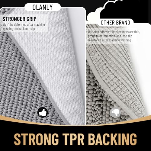 OLANLY Thick Chenille Bath Mat 30x20 Soft Absorbent Grey