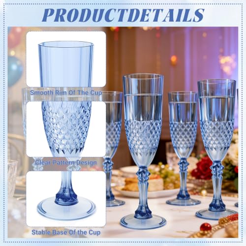 Blue Plastic Champagne Flutes Set of 24 - Reusable Disposable Wine Glasses
