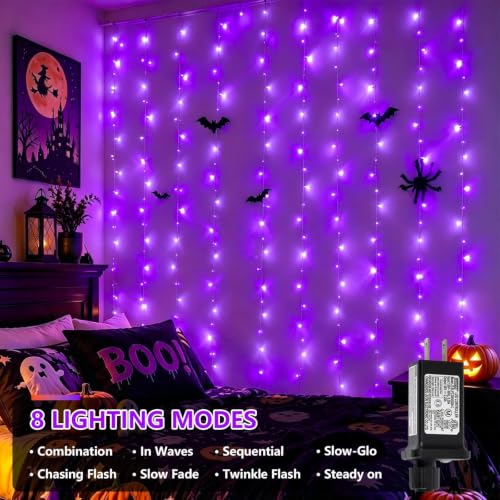 YEGUO Purple 900 LED Curtain Lights, 8 Modes Plug-in Window Backdrop 9.8 x 29.5ft (Indoor/Outdoor) Halloween