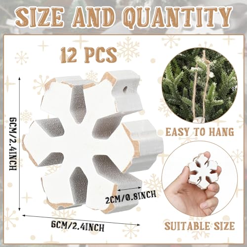Soaoo 12 Pcs Rustic Wooden Snowflake Ornaments - 2.4 Inch Holiday Decor with Rope