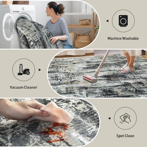 8x10 Washable Abstract Area Rug - Black, Grey & Gold Non-Slip Carpet