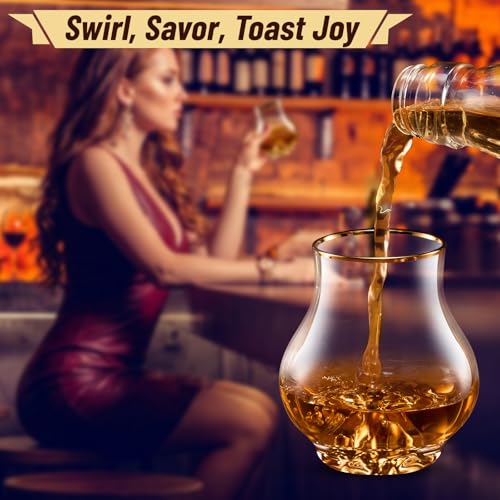 DUJUST 4-Pack Curvaceous Whiskey Glasses Set of 4, 7oz Crystal Glasses with 24K Gold Mountain, Old Fashioned Glass for Whiskey Brandy Cognac Tequila, Gift Ready