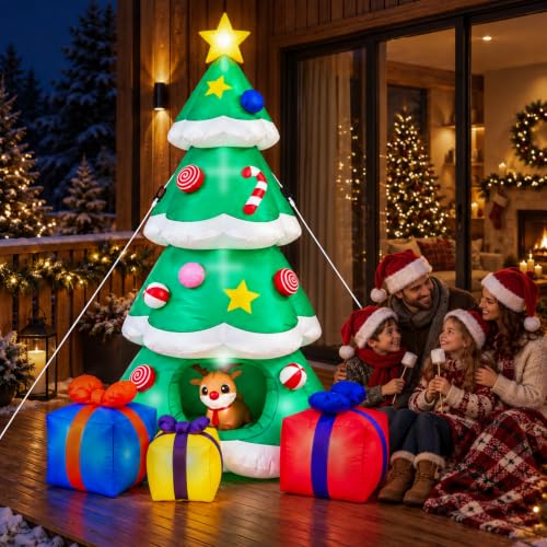 HMAZAE 10ft Green Inflatable Christmas Tree with Built-in LED Lights, Waterproof Outdoor Yard Decor
