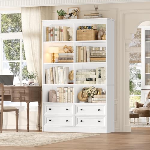 71-Inch Tall Double Wide Bookshelf with 4 Drawers, Modern White Storage Unit