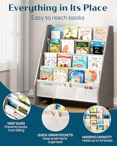 4-Tier Kids Bookshelf with Oxford Fabric Slings, Grey Toddler Book Rack