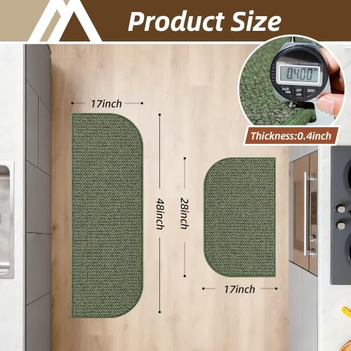 Half Moon Kitchen Rug Set, 2-Piece Non-Slip Washable Sink Mat, Green